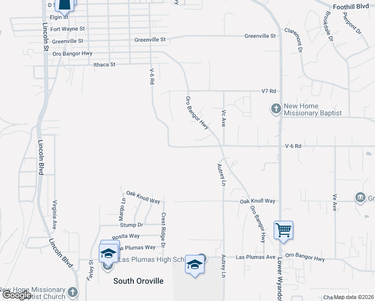 map of restaurants, bars, coffee shops, grocery stores, and more near 2332 V-6 Road in Oroville