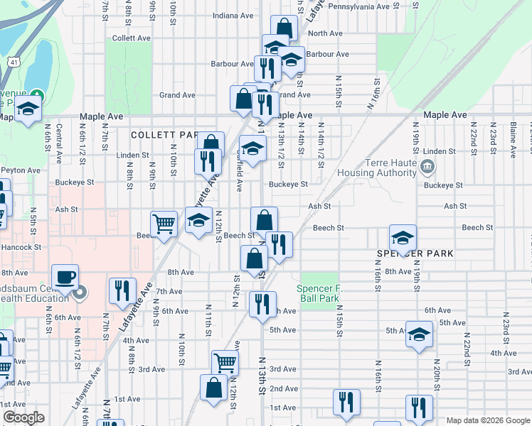 map of restaurants, bars, coffee shops, grocery stores, and more near 1837 North 13th Street in Terre Haute