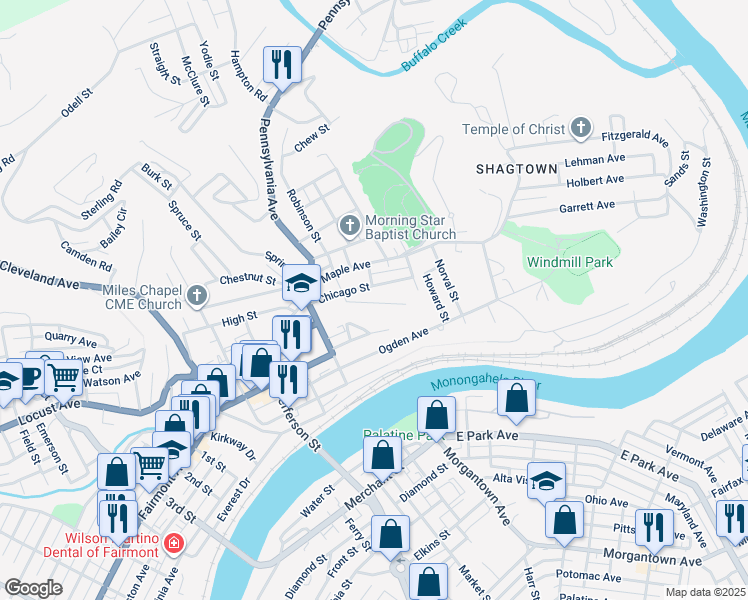 map of restaurants, bars, coffee shops, grocery stores, and more near 245 Grant Street in Fairmont