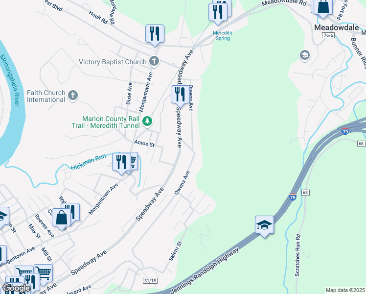 map of restaurants, bars, coffee shops, grocery stores, and more near 309 Winfield Street in Fairmont