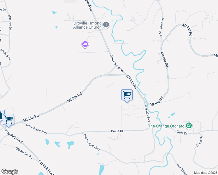 map of restaurants, bars, coffee shops, grocery stores, and more near 391 Mount Ida Road in Oroville