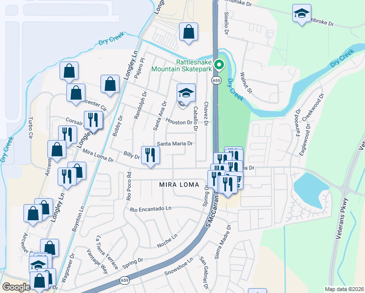 map of restaurants, bars, coffee shops, grocery stores, and more near 4280 Santa Maria Drive in Reno