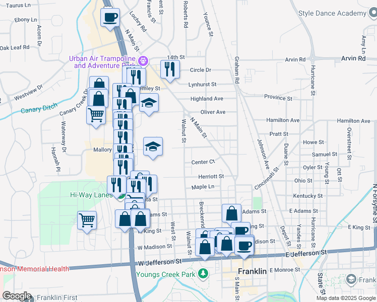 map of restaurants, bars, coffee shops, grocery stores, and more near 777 Walnut Street in Franklin