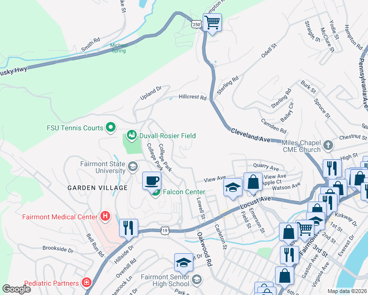 map of restaurants, bars, coffee shops, grocery stores, and more near 1241 Greenbrier Road in Fairmont