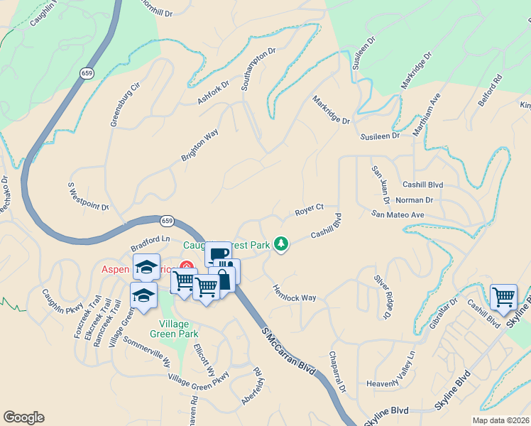 map of restaurants, bars, coffee shops, grocery stores, and more near 3867 Vistacrest Drive in Reno