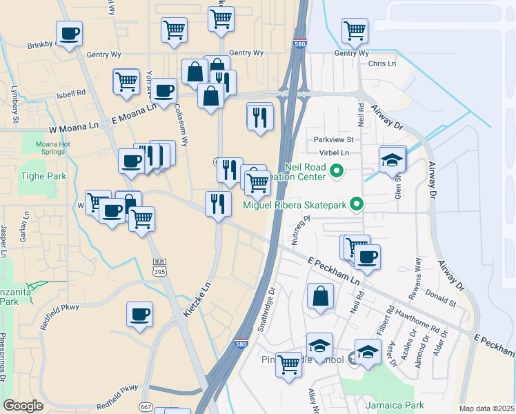 map of restaurants, bars, coffee shops, grocery stores, and more near 3750 Kietzke Lane in Reno