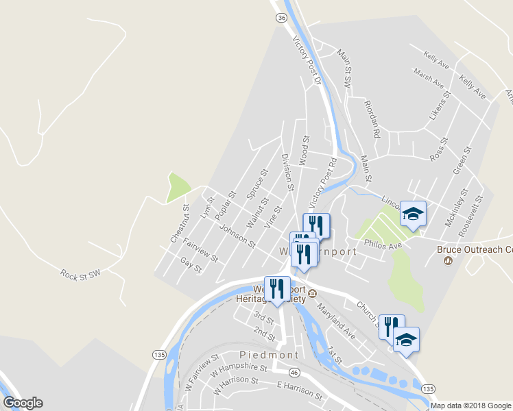 map of restaurants, bars, coffee shops, grocery stores, and more near 409 Walnut St in Westernport