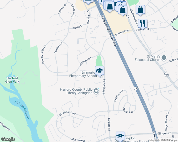 map of restaurants, bars, coffee shops, grocery stores, and more near 441 Amelanchier Court in Bel Air