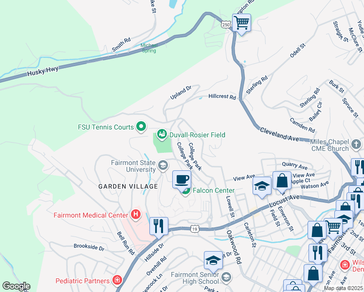 map of restaurants, bars, coffee shops, grocery stores, and more near 1357 College Park in Fairmont