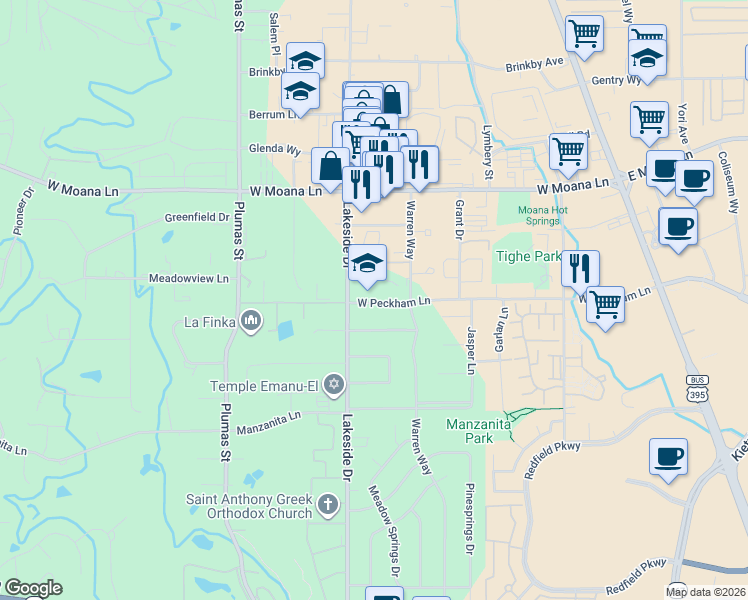 map of restaurants, bars, coffee shops, grocery stores, and more near 931 West Peckham Lane in Reno