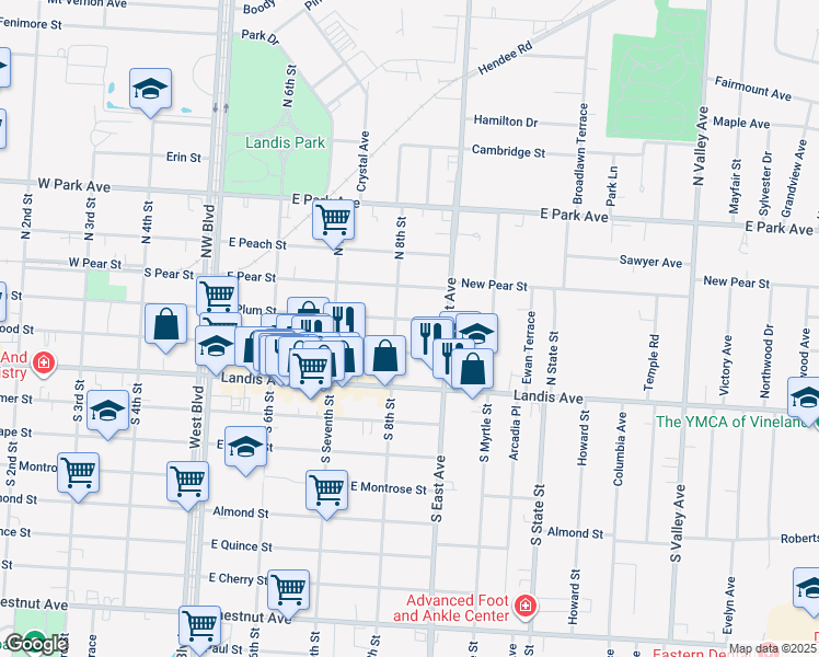 map of restaurants, bars, coffee shops, grocery stores, and more near 809 East Plum Street in Vineland