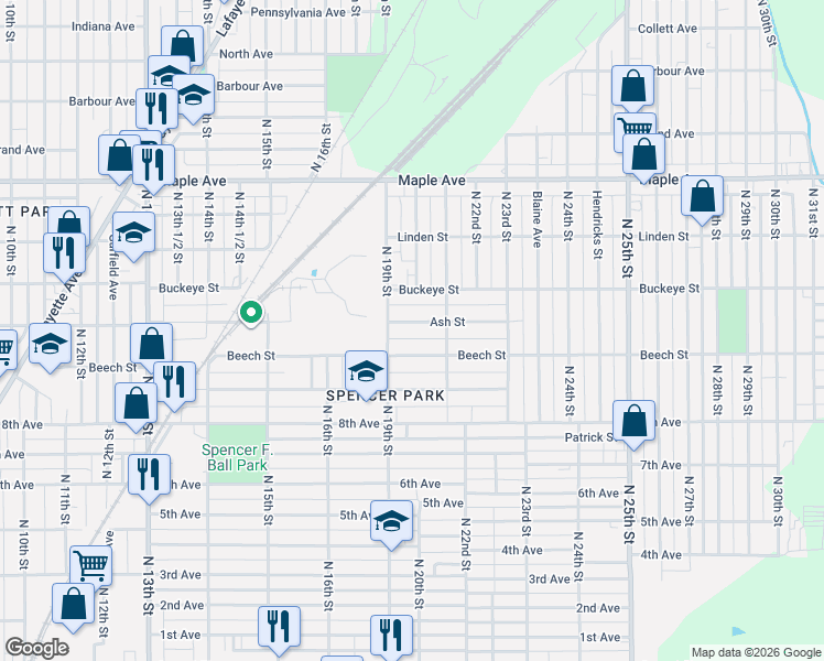map of restaurants, bars, coffee shops, grocery stores, and more near 2023 Ash Street in Terre Haute