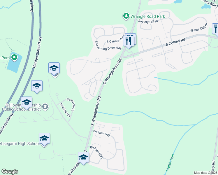 map of restaurants, bars, coffee shops, grocery stores, and more near 110 South Wrangleboro Road in Galloway