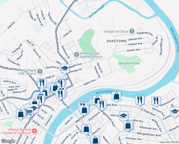 map of restaurants, bars, coffee shops, grocery stores, and more near 245-261 Grant Street in Fairmont