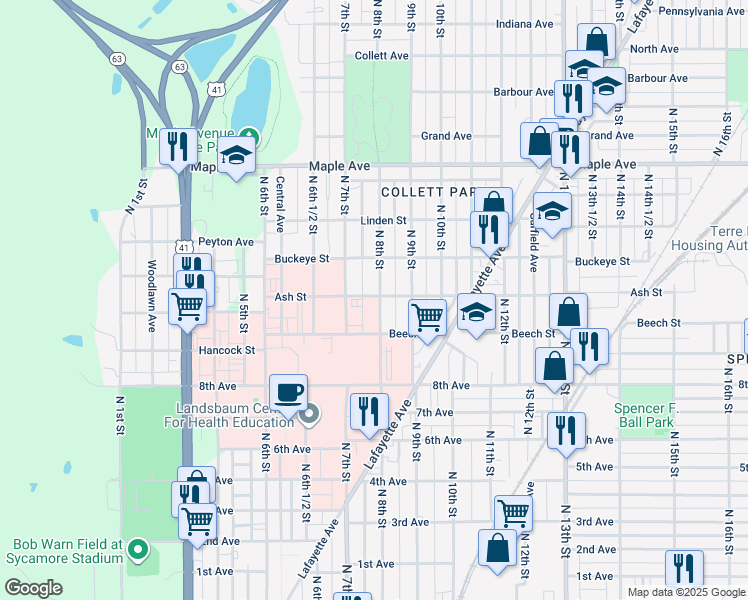 map of restaurants, bars, coffee shops, grocery stores, and more near 1740 North 8th Street in Terre Haute
