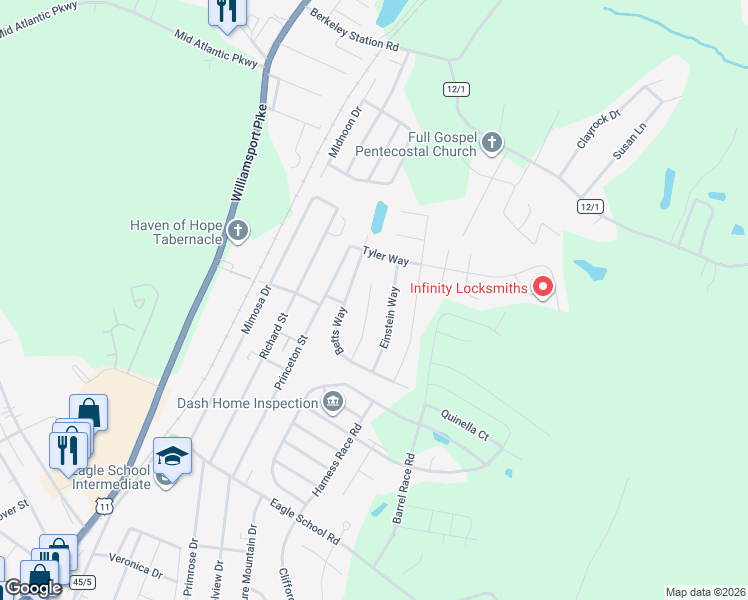 map of restaurants, bars, coffee shops, grocery stores, and more near 150 Kennedy Circle in Martinsburg