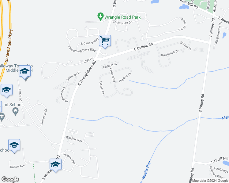 map of restaurants, bars, coffee shops, grocery stores, and more near 144 Liberty Court in Galloway