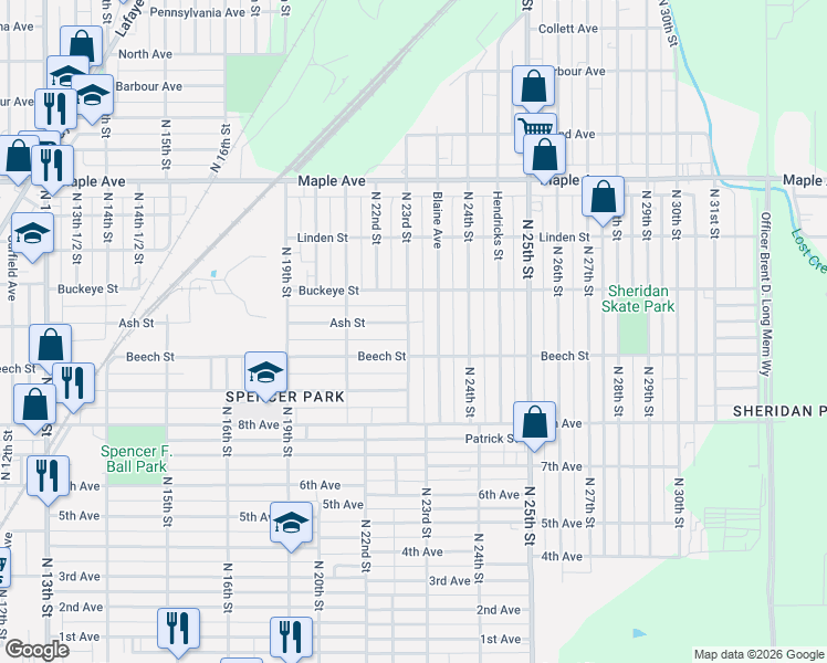 map of restaurants, bars, coffee shops, grocery stores, and more near 1800-1898 North 23rd Street in Terre Haute