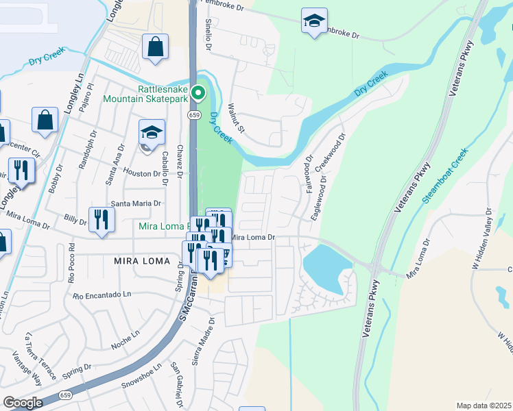 map of restaurants, bars, coffee shops, grocery stores, and more near 3218 Rose Vista Drive in Reno