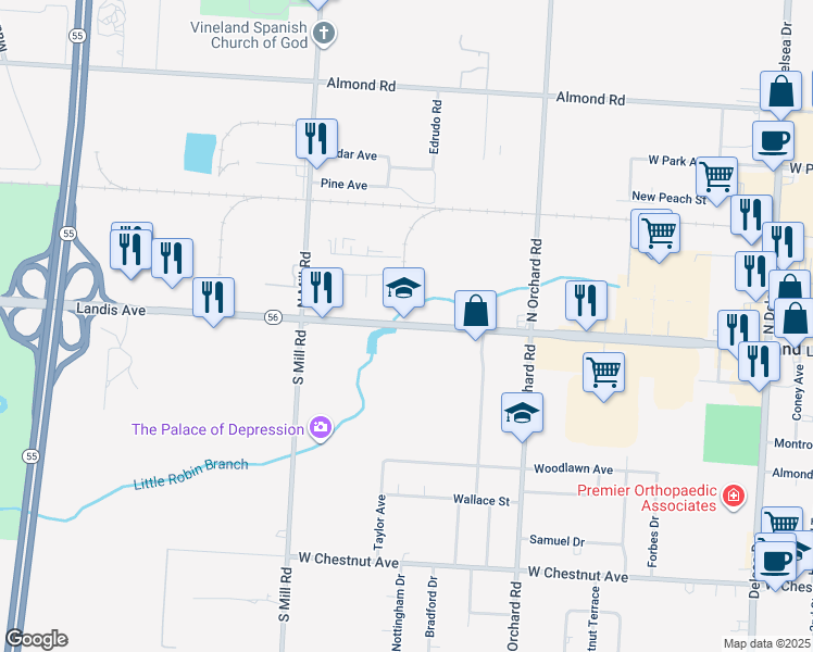 map of restaurants, bars, coffee shops, grocery stores, and more near 1669 Landis Avenue in Vineland