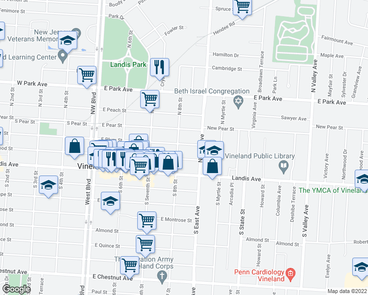 map of restaurants, bars, coffee shops, grocery stores, and more near 809 E Plum St in Vineland
