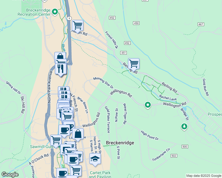 map of restaurants, bars, coffee shops, grocery stores, and more near 201 Morning Star Drive in Breckenridge