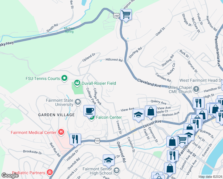 map of restaurants, bars, coffee shops, grocery stores, and more near 1241 Greenbrier Road in Fairmont