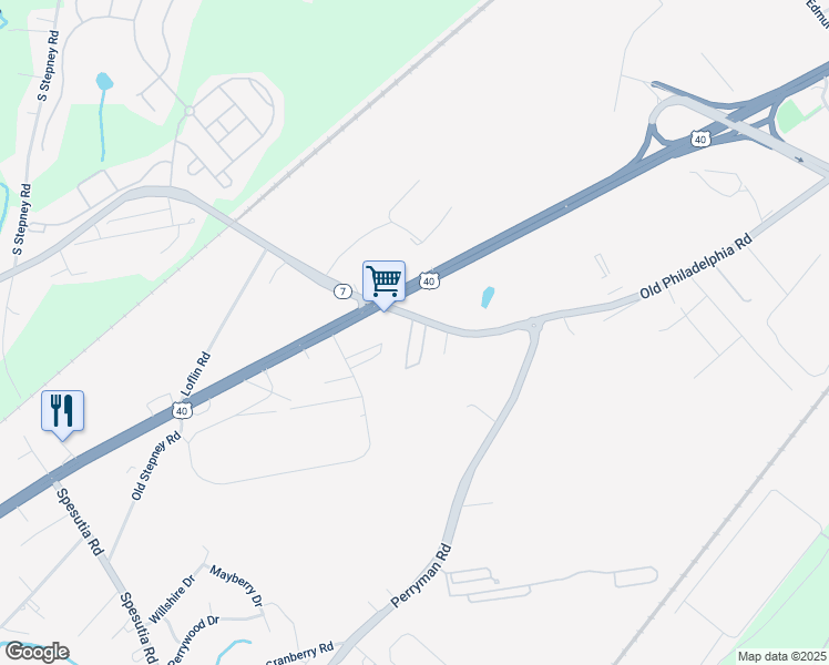 map of restaurants, bars, coffee shops, grocery stores, and more near 1121 Old Philadelphia Road in Aberdeen