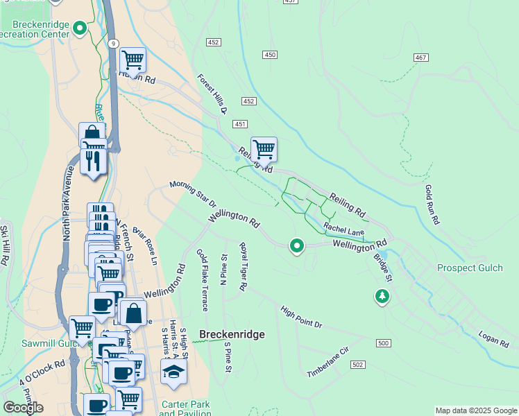 map of restaurants, bars, coffee shops, grocery stores, and more near 216 Corkscrew Drive in Breckenridge