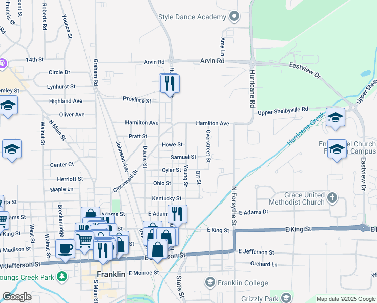 map of restaurants, bars, coffee shops, grocery stores, and more near 749 Young Street in Franklin