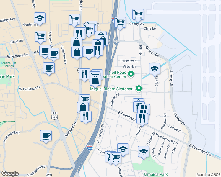 map of restaurants, bars, coffee shops, grocery stores, and more near 859 Nutmeg Place in Reno
