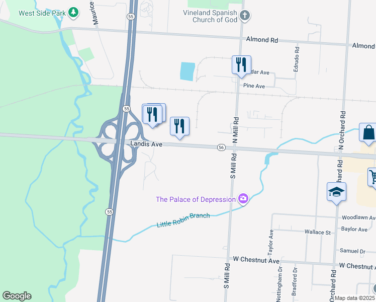 map of restaurants, bars, coffee shops, grocery stores, and more near 2105 West Landis Avenue in Vineland