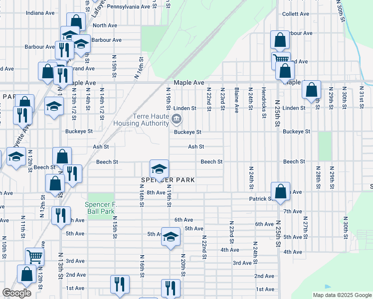 map of restaurants, bars, coffee shops, grocery stores, and more near 2023 Ash Street in Terre Haute