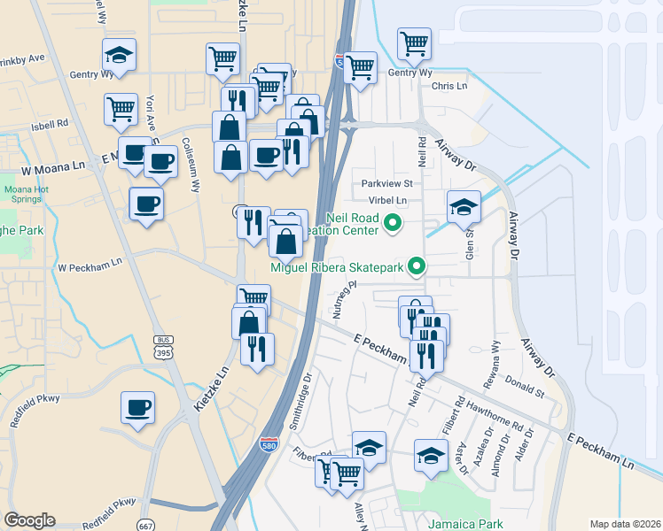 map of restaurants, bars, coffee shops, grocery stores, and more near 859 Nutmeg Place in Reno