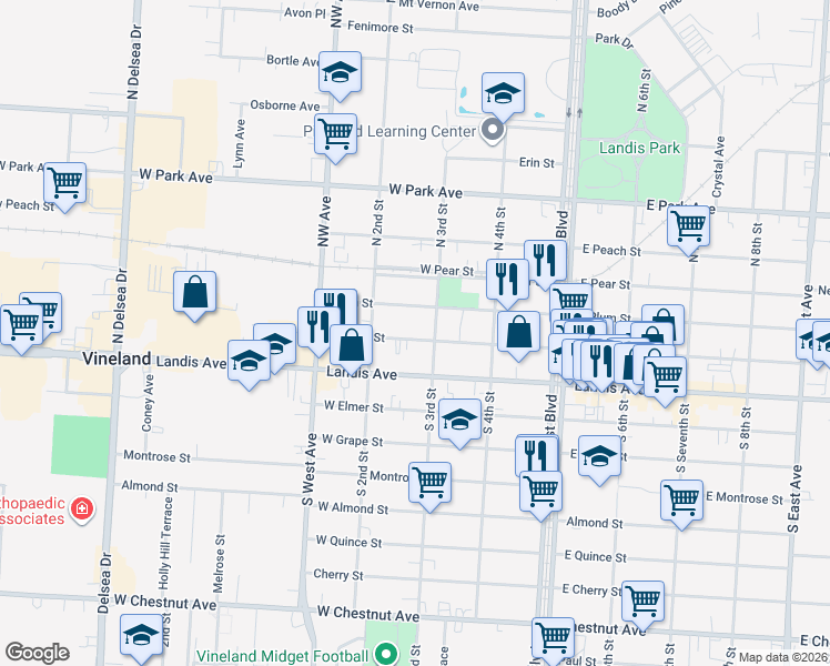 map of restaurants, bars, coffee shops, grocery stores, and more near 236 East Wood Street in Vineland