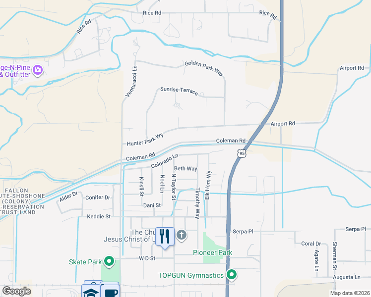 map of restaurants, bars, coffee shops, grocery stores, and more near 290 Colorado Ln in Fallon