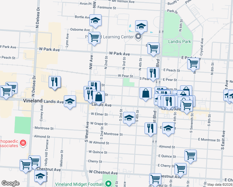 map of restaurants, bars, coffee shops, grocery stores, and more near 236 East Wood Street in Vineland