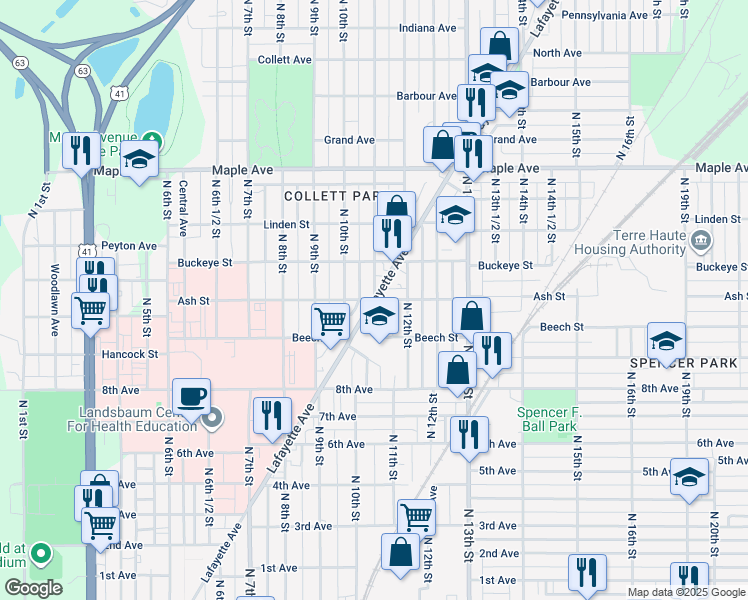 map of restaurants, bars, coffee shops, grocery stores, and more near 1099 Lafayette Avenue in Terre Haute