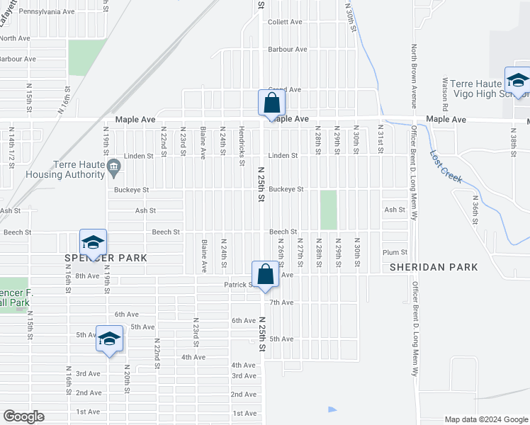 map of restaurants, bars, coffee shops, grocery stores, and more near 1823 North 25th Street in Terre Haute