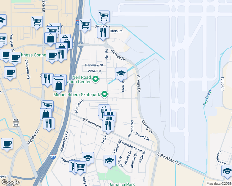 map of restaurants, bars, coffee shops, grocery stores, and more near 4004 Neil Road in Reno