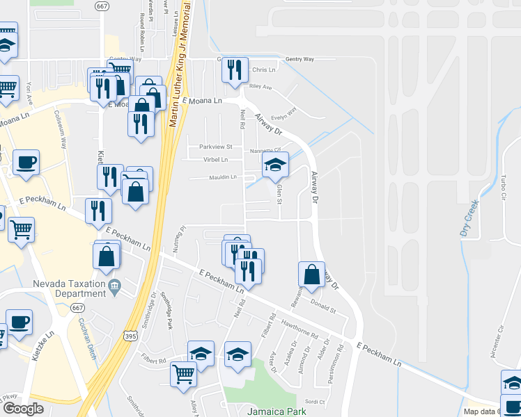 map of restaurants, bars, coffee shops, grocery stores, and more near 4004 Neil Road in Reno