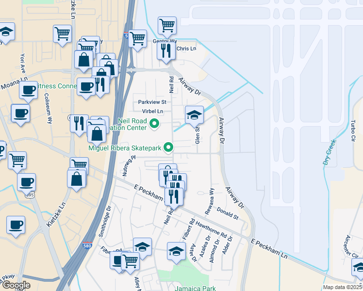 map of restaurants, bars, coffee shops, grocery stores, and more near 4004 Neil Road in Reno