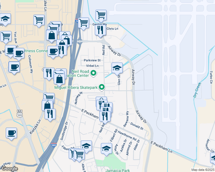 map of restaurants, bars, coffee shops, grocery stores, and more near 4004 Neil Road in Reno