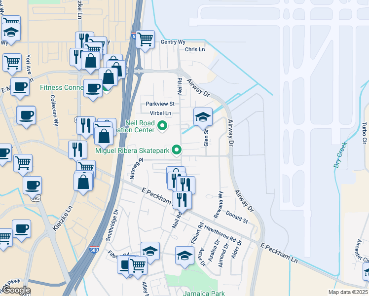 map of restaurants, bars, coffee shops, grocery stores, and more near 4004 Neil Road in Reno