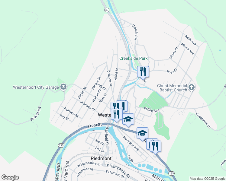 map of restaurants, bars, coffee shops, grocery stores, and more near 105 Wood Street in Westernport