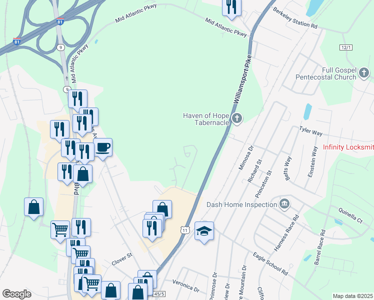 map of restaurants, bars, coffee shops, grocery stores, and more near 281 Roberts Drive in Martinsburg