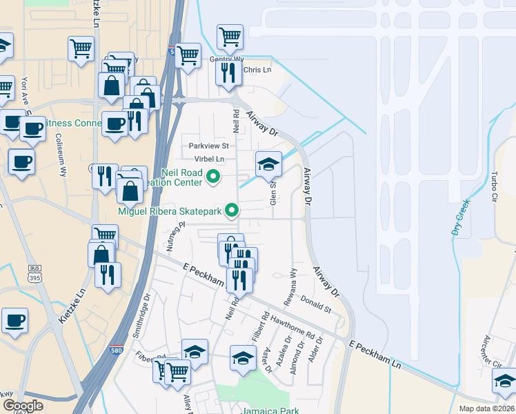 map of restaurants, bars, coffee shops, grocery stores, and more near 3976 Neil Road in Reno