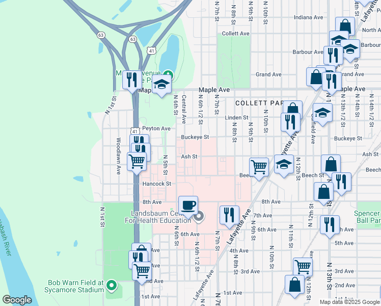 map of restaurants, bars, coffee shops, grocery stores, and more near 1735 Central Avenue in Terre Haute