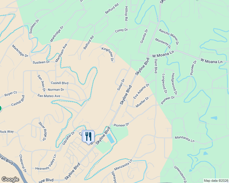 map of restaurants, bars, coffee shops, grocery stores, and more near 2375 Solari Drive in Reno