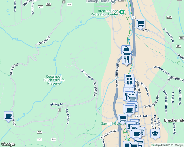 map of restaurants, bars, coffee shops, grocery stores, and more near 18 Wildcat Road in Breckenridge